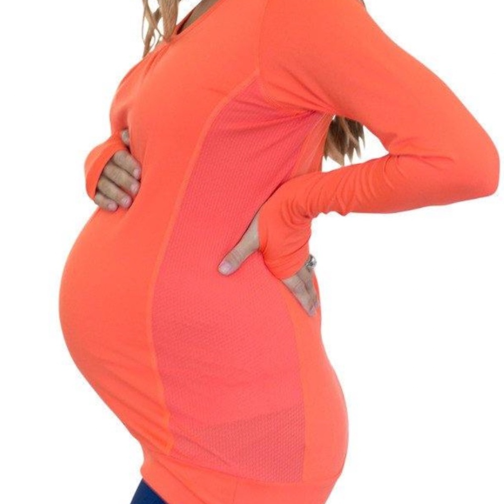 Mumberry Maternity long sleeve shirt w/belly support, Size L, Coral/orange